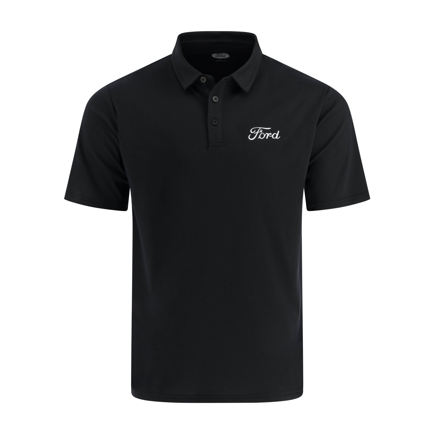 Black polo shirt with Ford logo on a white background
